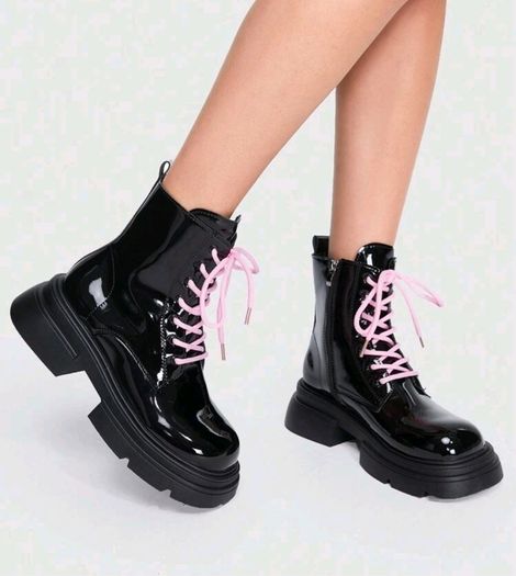 Black Shinny leather funky ankle boots, size 40