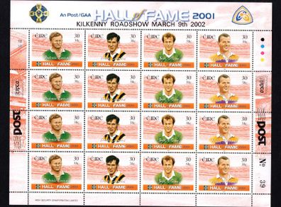 2002 Ireland IPTA Roadshow Kilkenny 9th March 2002 Commemorative Stamps Exhibition Souvenir on 2001 Ireland GAA Hall of Fame Sheet Mint Never Hinged Number 39