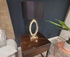 2 x industrial style wooden bedside lockers with 2 x lamps