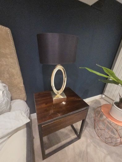 2 x industrial style wooden bedside lockers with 2 x lamps
