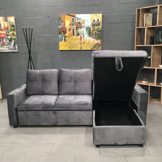 Grey velvet Corner Sofa Bed with Storage 215cm