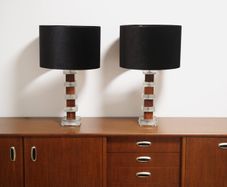 Mid-Century Pair of Clear Glass and Rosewood Table Lamps by Atelje Glas & Tra, 1960s.