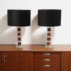 Mid-Century Pair of Clear Glass and Rosewood Table Lamps by Atelje Glas & Tra, 1960s.