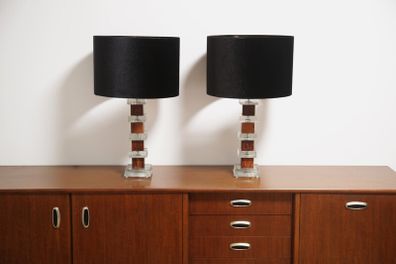 Mid-Century Pair of Clear Glass and Rosewood Table Lamps by Atelje Glas & Tra, 1960s.