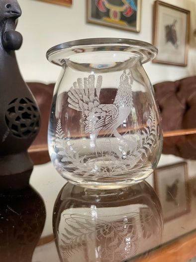 Vintage Signed Bruce Walker Kirkbuddo Glass Studio Etched Art Glass Bud Vase Capercaillie 1976
