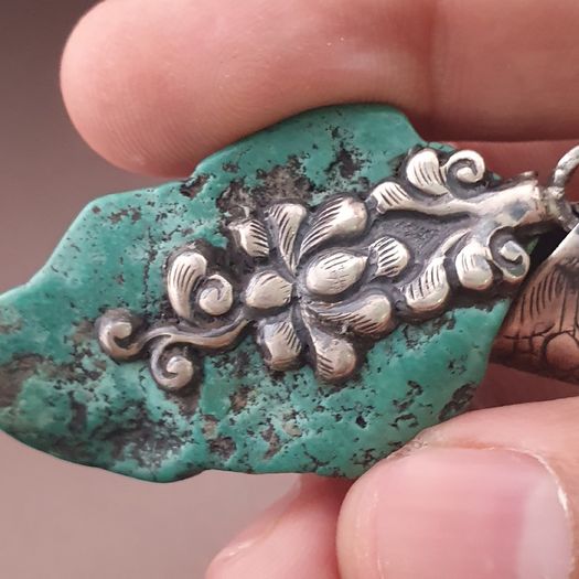 Vintage Natural Turqouise Silver Floral Desgin Pendant