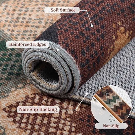 Boho Runner Rugs for Hallway Non Slip 60x180cm, Geometric Washable Kitchen Carpet Runner, Bohemian Long Hall Rug for Entryway Bedroom Laundry Living Room, Low Pile Non Shedding, Brown Green