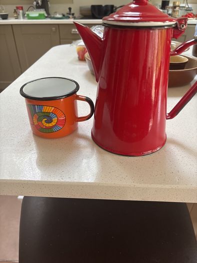 Free Enamel Smaltum colourful mug with this Vintage - Mid Century Red Enamel Coffee Pot with attached lid - 17 cm to lid level