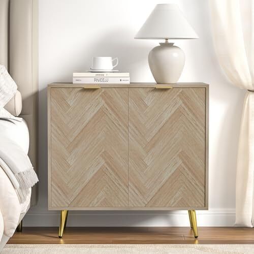 Sideboards for Living Room Wooden Storage Cabinet Herringbone Small Sideboard with Adjustable Shelves