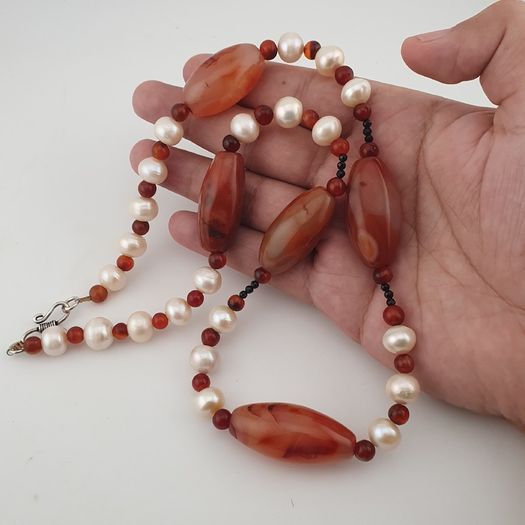 Vintage African Carnelian & Fresh Water Authentic Pearl Necklace