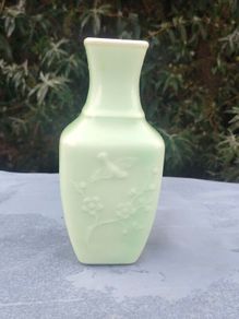 Vintage Celadon Green Glass Embossed Bottle