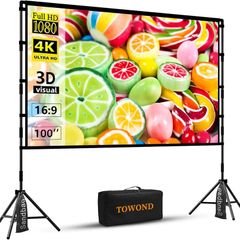 Projector Screen and Stand,Towond 100 inch Indoor Projection Screen Portable Outdoor Projection Screen 16:9 4K HD Rear Front Movie Screen