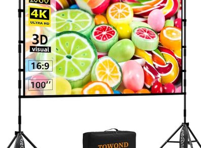 Projector Screen and Stand,Towond 100 inch Indoor Projection Screen Portable Outdoor Projection Screen 16:9 4K HD Rear Front Movie Screen