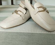 Beige sling back low heel shoes