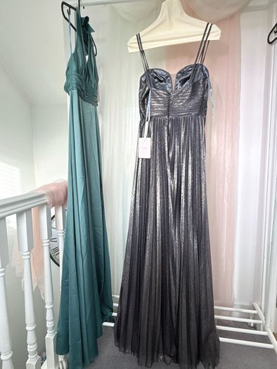 Dark Grey Double-Strap Glitter Pleated Long Gown