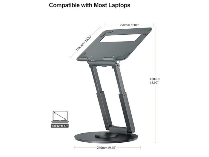 Telescopic Laptop Stand for Desk with 360 Swivel Base, Sit to Stand, Height Adjustable, Portable Riser Holder for Good Posture, Compatible with MacBook Pro, All Laptops 10-17"-Gray