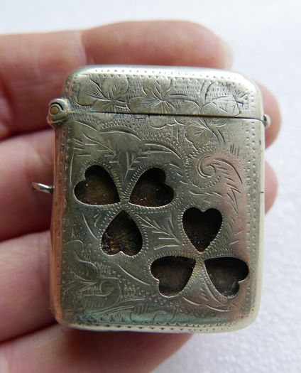 Vintage Silver Plated Vesta Case Matchsafe Irish Connemara Shamrock Lucky