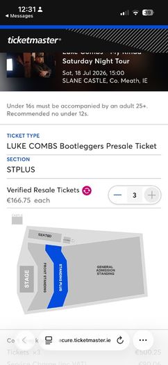 3 x Luke Combs 18th July -Standing plus tickets