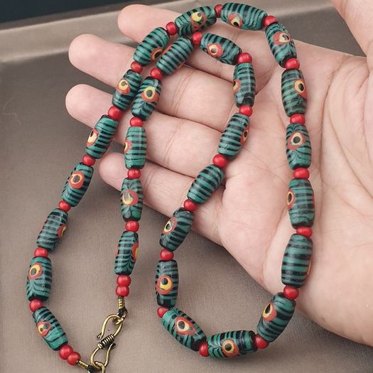 Antique Gabri Eyes Feather Desgin & Venetian Whiteheart Glass Beads Necklace