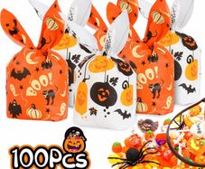 100 PCS Halloween Sweets Bags Halloween Party Bag Fillers, Treat Candy Bags for Trick or Treat Party,Biscuit Goody Gift Bags with 14 23cm for Halloween Party Favor (FREE EXPRESS POSTAGE)