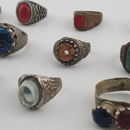 Antique Ring Lot 15 Mixed Brass, Stone & Glass Rings