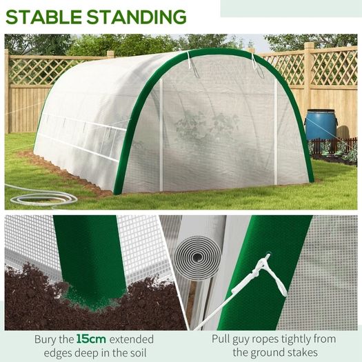 Garden Tunnel Greenhouse 18m 6L x 3W x 2H m - 8 Windows, Zippered Roll-Up Door, Galvanized Steel, PE Cover, White