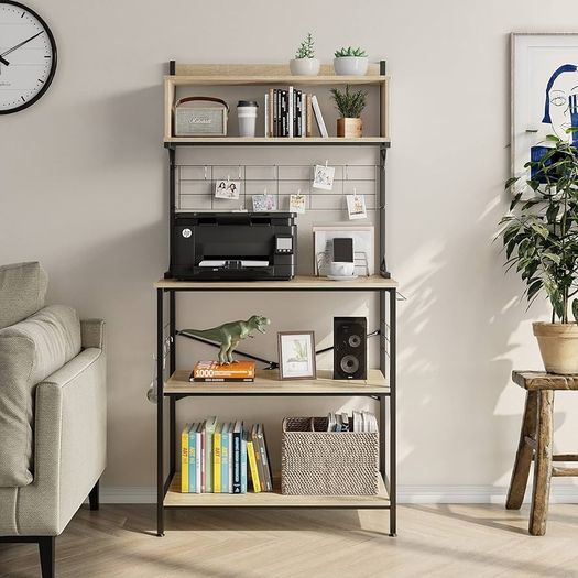 80cm Bread Rack & Microwave Rack with 4 Shelves, Multi-functional Coffee Bar Shelf, 8 Side Hooks, Open Shelf Suitable for Kitchens, Dining Rooms, Living Rooms (oak)