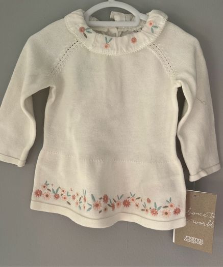 Mamas and Papas Baby Girl 2 Piece Fine Knitted Set Cream Embroidered Flowers  0-3mths BNWT