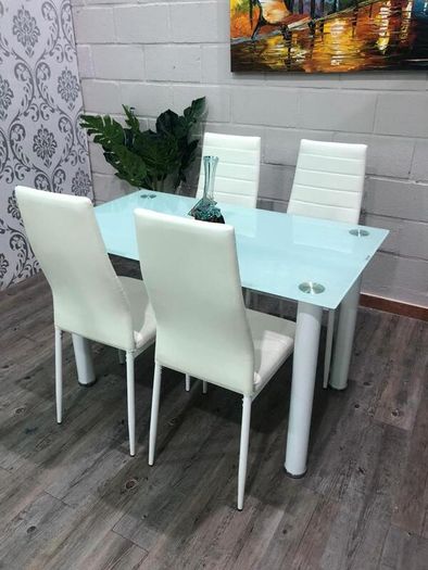 Compact Glass Dining Table Set Seats 4, White