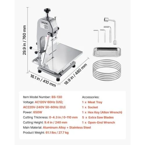 Commercial Electric Meat Bandsaw, 650W Stainless Steel Countertop Meat Sawing Machine, Workbench 315 x 460 mm, 110 mm Max Cutting Thickness, Frozen Fish Cutter for Rib Pork Beef