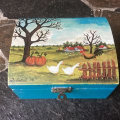 Beautiful hand painted signed by artist small trinket box farm scene with rooster geese trees
