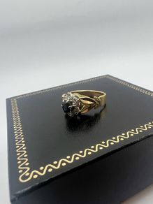 Antique 18ct Gold Diamond and Sapphire Ring Custom Crown Design - 6 Diamond cluster and Large Dark Blue Rare Sapphire - Beautiful Crown Design