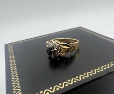 Antique 18ct Gold Diamond and Sapphire Ring Custom Crown Design - 6 Diamond cluster and Large Dark Blue Rare Sapphire - Beautiful Crown Design