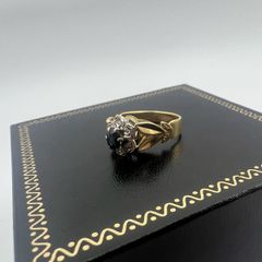 Antique 18ct Gold Diamond and Sapphire Ring Custom Crown Design - 6 Diamond cluster and Large Dark Blue Rare Sapphire - Beautiful Crown Design