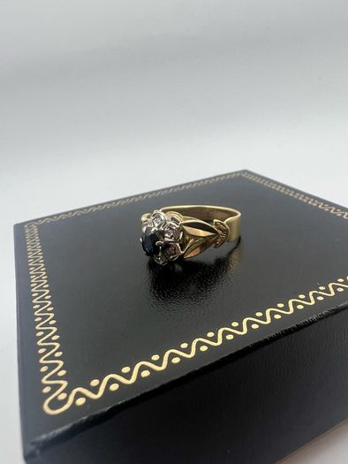 Antique 18ct Gold Diamond and Sapphire Ring Custom Crown Design - 6 Diamond cluster and Large Dark Blue Rare Sapphire - Beautiful Crown Design