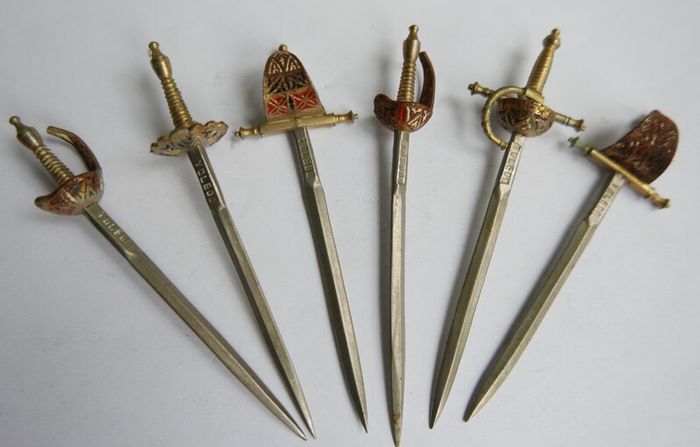 Vintage Set of 6 Enameled Cocktail Sticks Swords By Toledo of Spain 1960s
