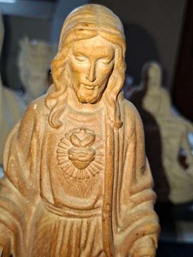 Beautiful Old Sacred Heart of Jesus, Handcrafted Wooden Sculpture made by Conrad Moroder in Ortisei Italy., featuring a carved heart on the chest., Postage Available or Collection