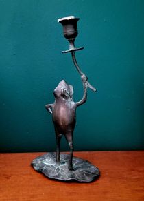 Vintage verdigris frog on leaf candleholder