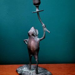Vintage verdigris frog on leaf candleholder