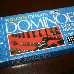 Vintage 1970s Milton Bradley 55 Piece Double Nine Wooden Dragon Domino Set Mint