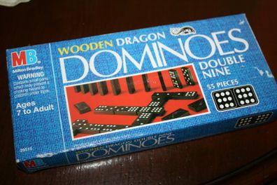 Vintage 1970s Milton Bradley 55 Piece Double Nine Wooden Dragon Domino Set Mint