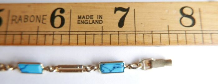 Vintage Turquoise Gold Plated Bracelet Anklet  - Gemstone Jewelry , Birthstone , Blue Stone 7,5" - 5,45g