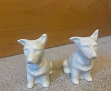 A pair of vintage Belleek porcelain Scottish Terrier dog figurines