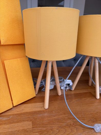 Mustard Yellow Home Decor Set   2x Tripod Lamps, Large Shade & Magazine Holder