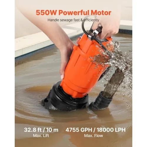 550W Submersible Trash Pump, 18000 L/H, Cast Iron Submersible Sump Sewage Pump with 2 in Discharge, 10M Max Lift, Draining Dirty Clean Water