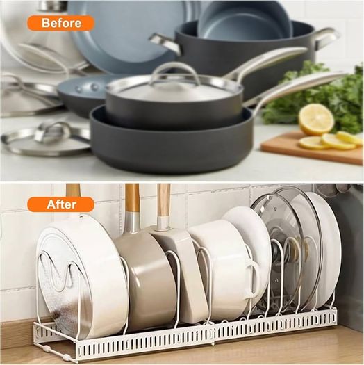 Expandable Pans Organiser Rack, Pan Lid Storage with 10 Adjustable Dividers, Pot Lid Holder, Kitchen Cupboard Organiser (White)