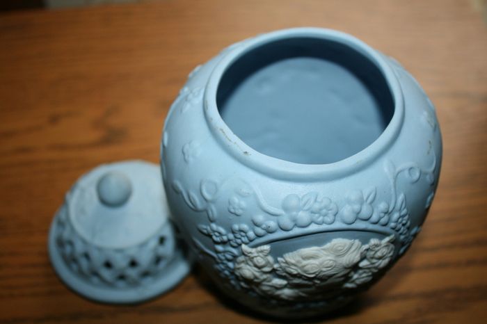 Large Blue Jasperware Vase. 1970s. H-7"