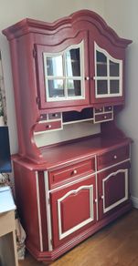 Vintage German Spruce Kitchen Buffet Cabinet Dresser 2-Piece red cream