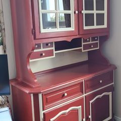 Vintage German Spruce Kitchen Buffet Cabinet Dresser 2-Piece red cream