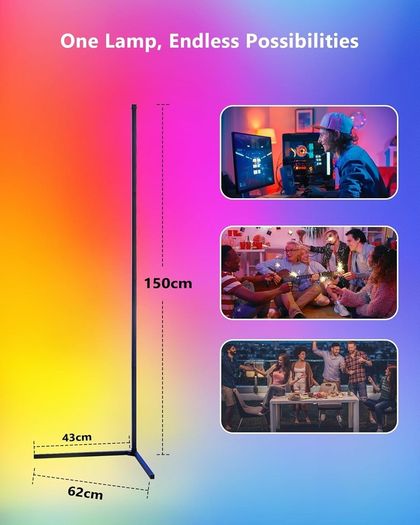 LuminexDesigns LED Corner Floor Lamp Colour Changing  Smart RGBIC Standing Lamp Black 150cm Dimmable Alexa Remote App Control Modern Mood Ambient Light Bar Music Sync for Living Room Bedroom Party TV